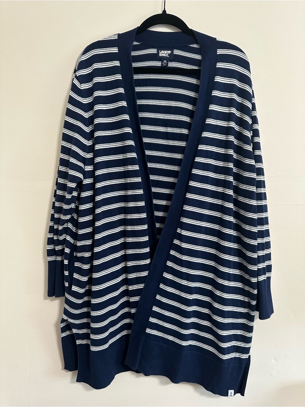 Lands’ End 2X 20W 22W Navy White Striped Longline Cardigan 100% Cotton